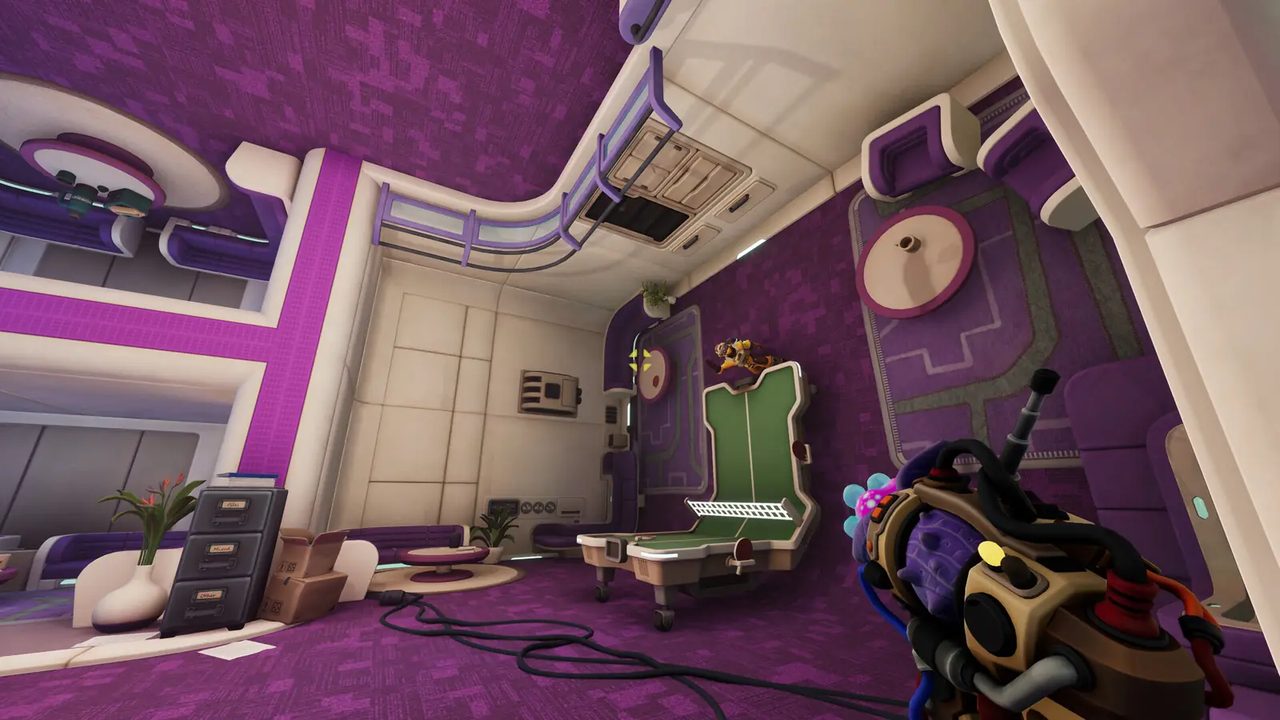 Gravity-shifted lounge with inverted furniture in Gravitonics
