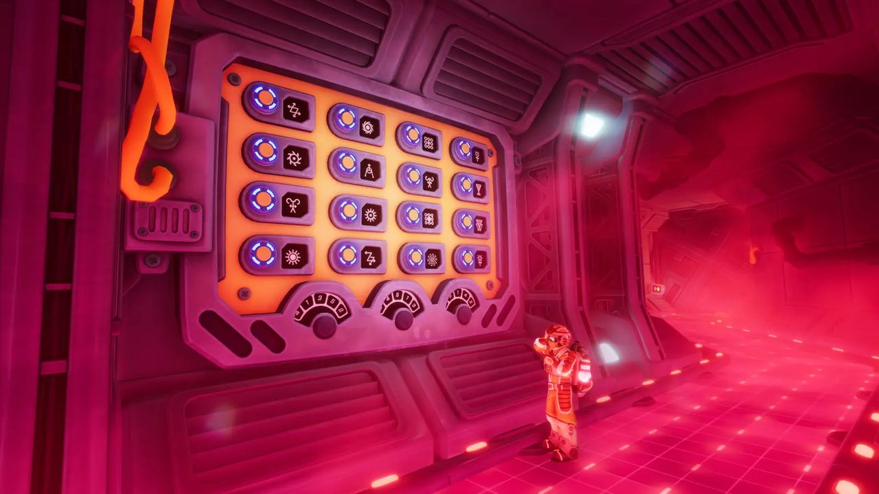 In-game close-up of the G-46C 15-button glyph panel with dials below