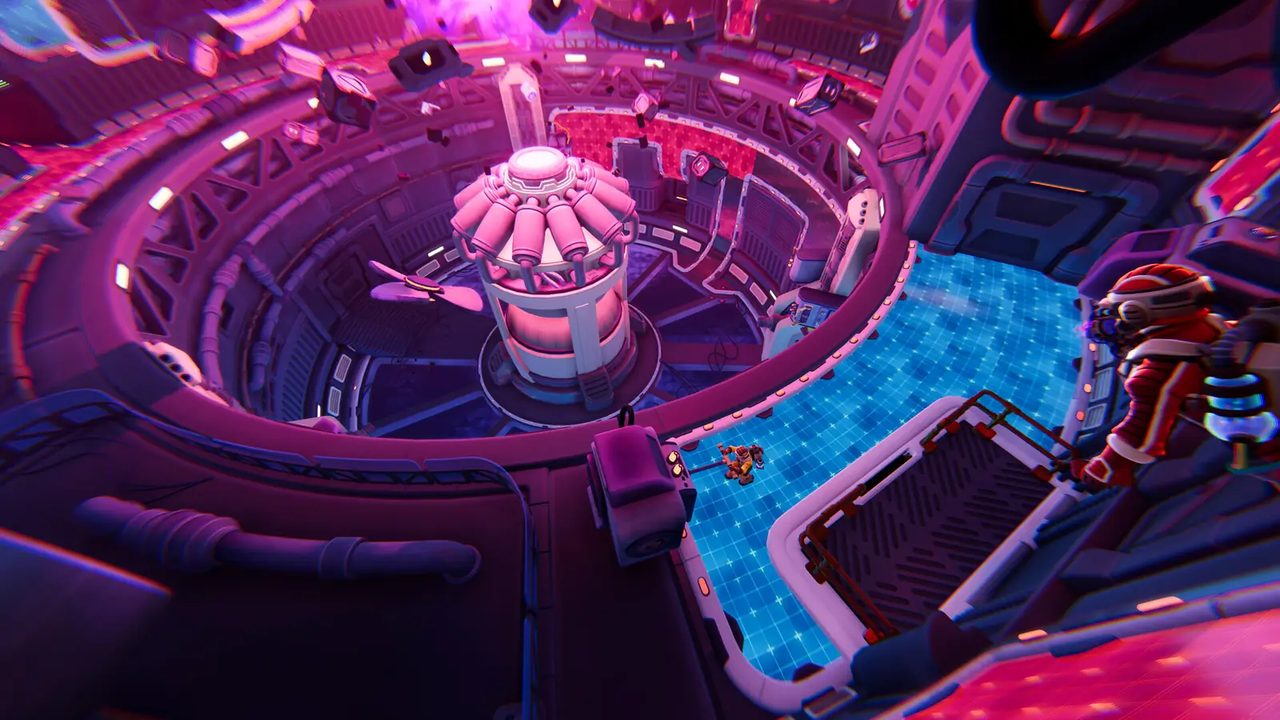 Circular reactor chamber with two explorers on walkways